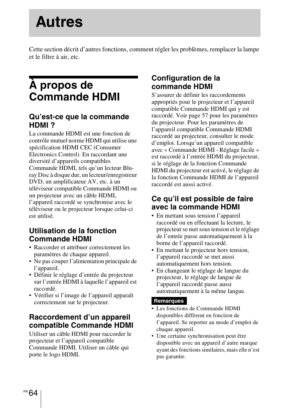 Autres, À propos de commande hdmi, À propos de | Commande hdmi, А « а propos de commande hdmi | Sony VPL-HW55ES User Manual | Page 154 / 459