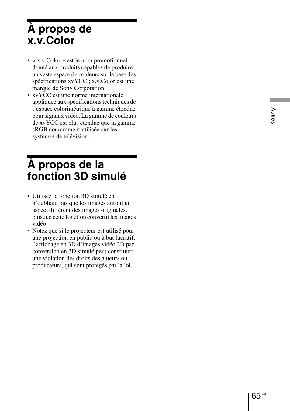 À propos de x.v.color, À propos de la fonction 3d simulé | Sony VPL-HW55ES User Manual | Page 155 / 459