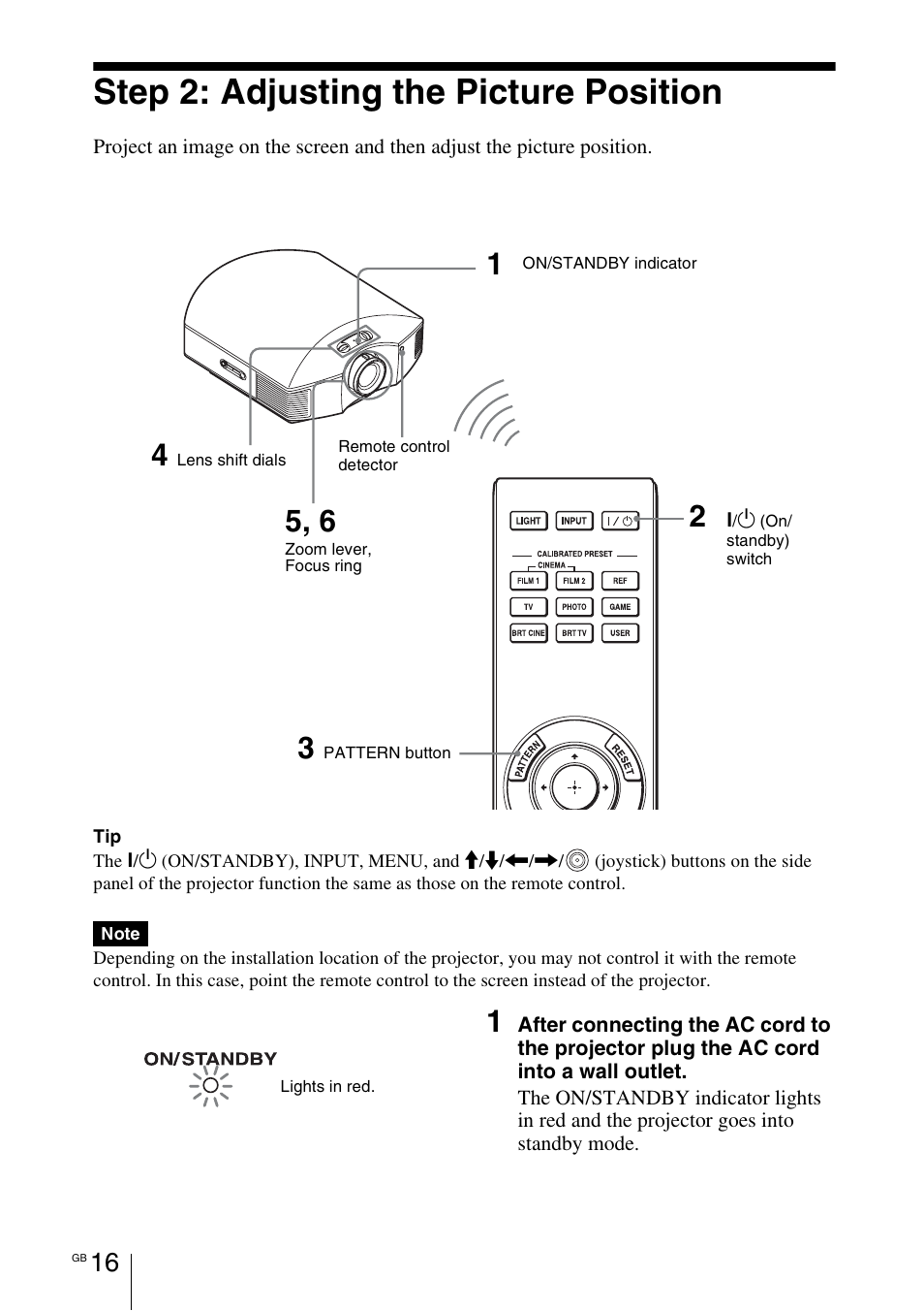 Step 2: adjusting the picture position | Sony VPL-HW55ES User Manual | Page 16 / 459