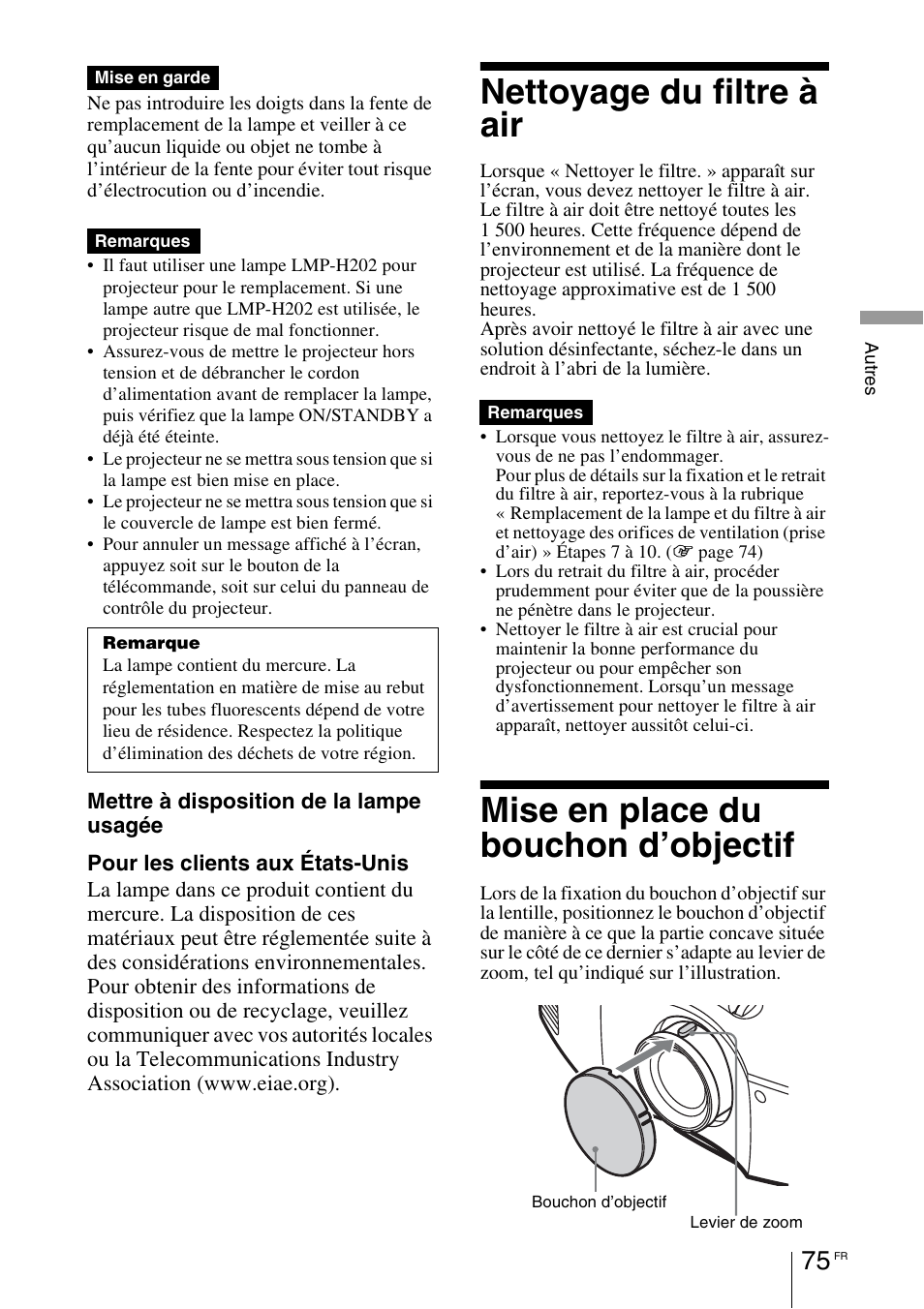 Nettoyage du filtre à air, Mise en place du bouchon d’objectif | Sony VPL-HW55ES User Manual | Page 165 / 459