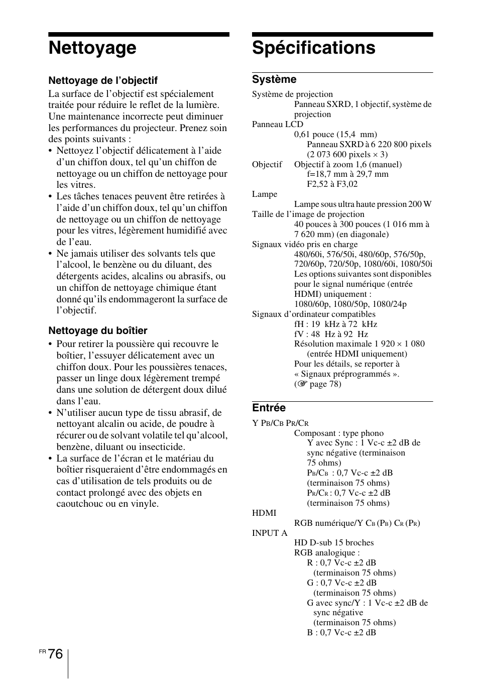 Nettoyage, Spécifications, Système | Entrée | Sony VPL-HW55ES User Manual | Page 166 / 459