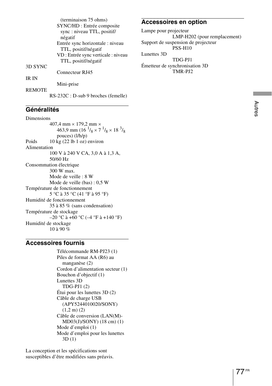 Généralités, Accessoires fournis, Accessoires en option | Sony VPL-HW55ES User Manual | Page 167 / 459