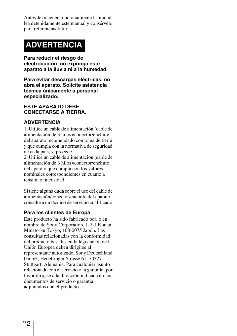 Advertencia | Sony VPL-HW55ES User Manual | Page 184 / 459