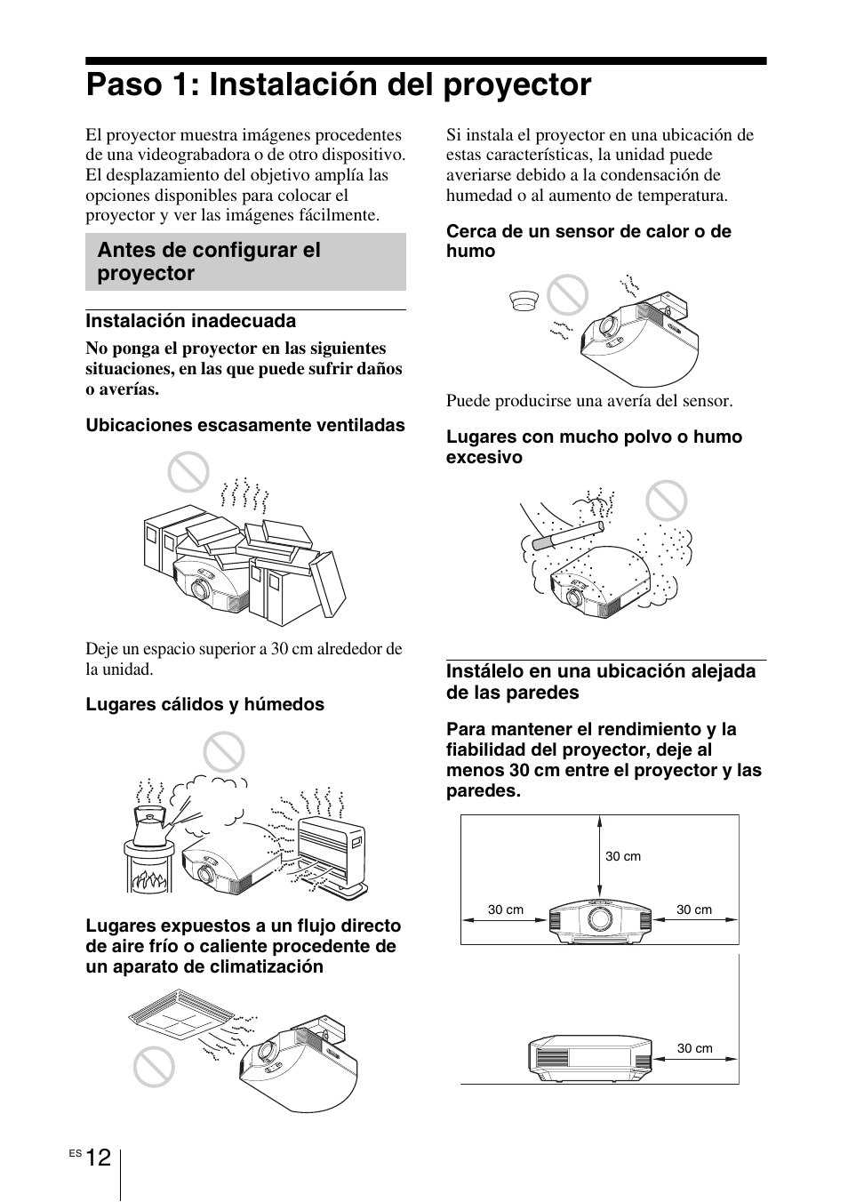 Paso 1: instalación del proyector, Antes de configurar el proyector | Sony VPL-HW55ES User Manual | Page 194 / 459