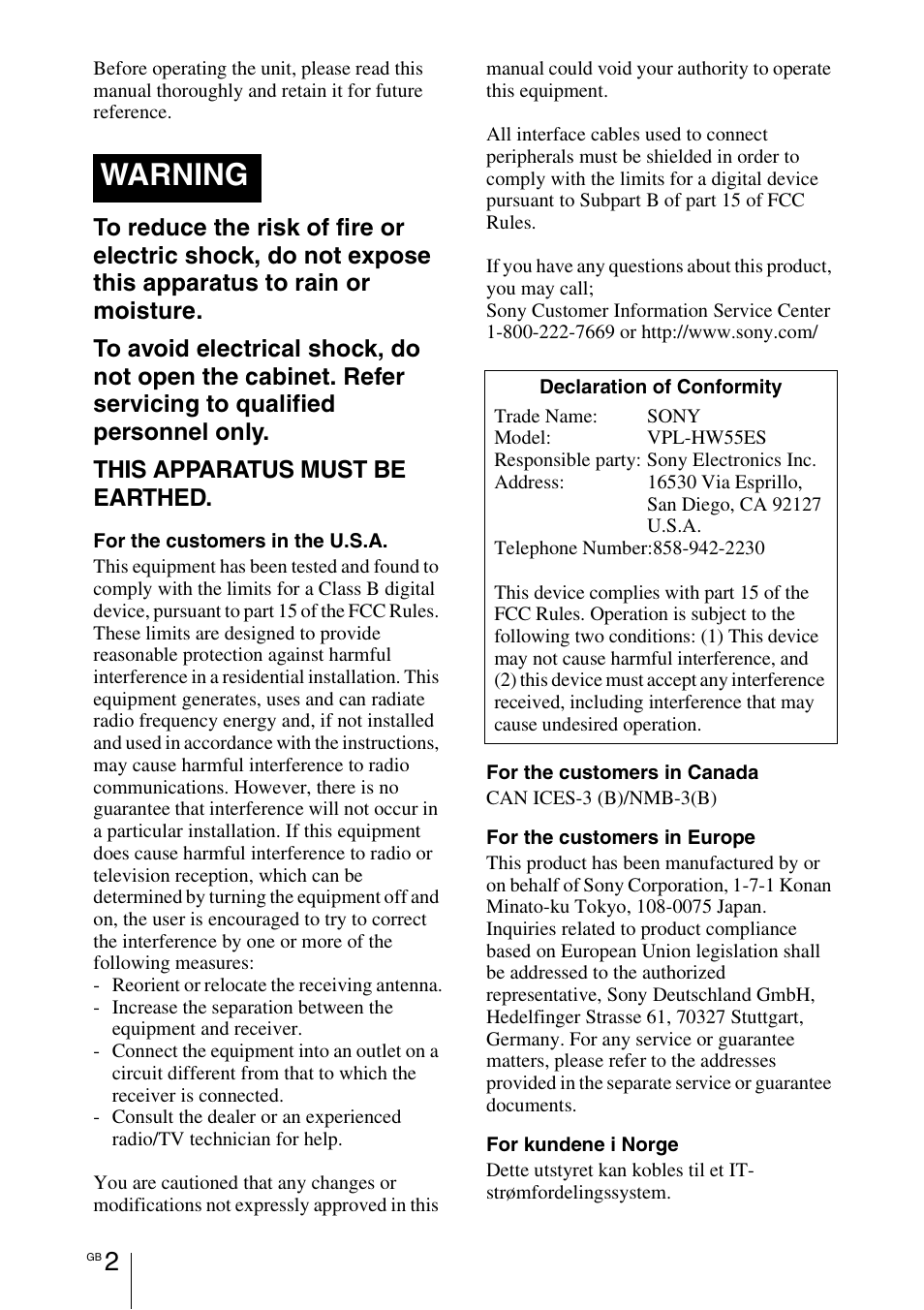 Warning | Sony VPL-HW55ES User Manual | Page 2 / 459