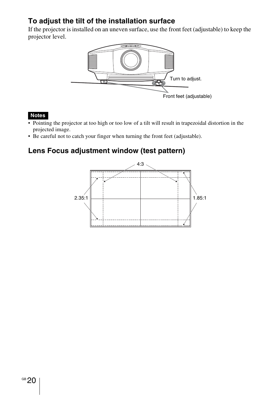 Lens focus adjustment window (test pattern) | Sony VPL-HW55ES User Manual | Page 20 / 459