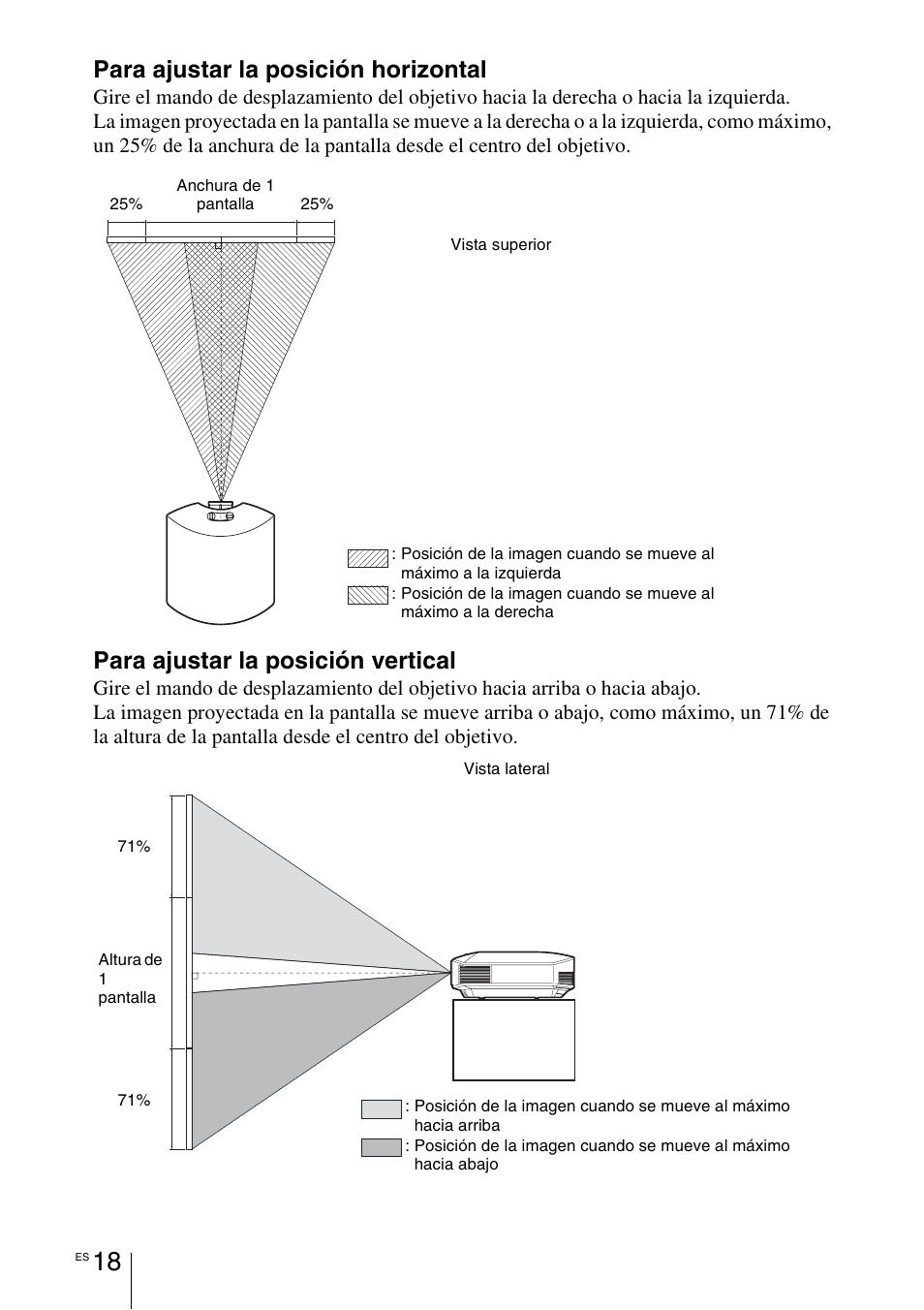 Para ajustar la posición horizontal, Para ajustar la posición vertical | Sony VPL-HW55ES User Manual | Page 200 / 459