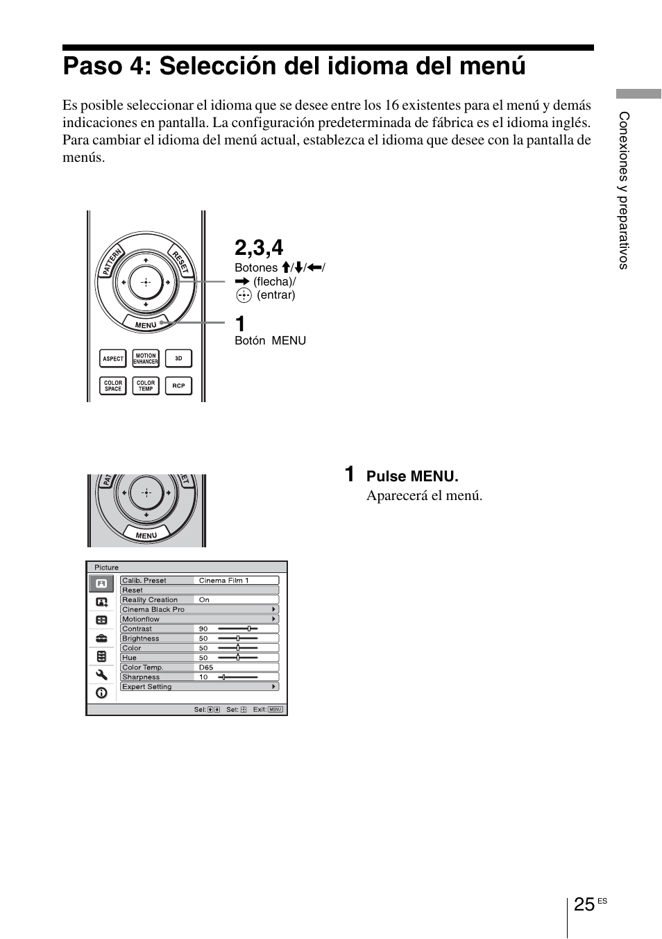 Paso 4: selección del idioma del menú | Sony VPL-HW55ES User Manual | Page 207 / 459