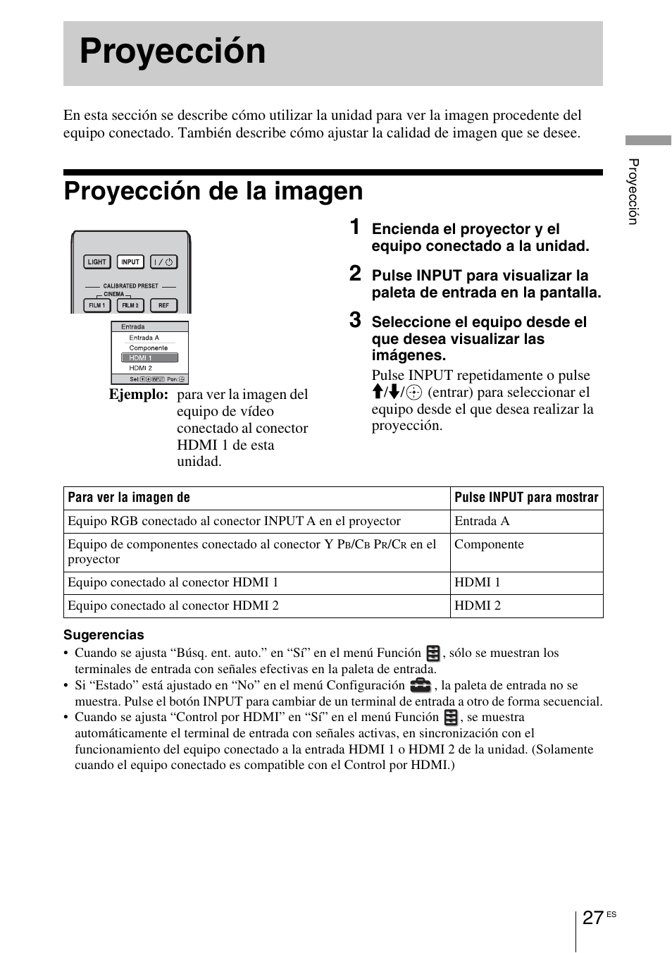 Proyección, Proyección de la imagen | Sony VPL-HW55ES User Manual | Page 209 / 459