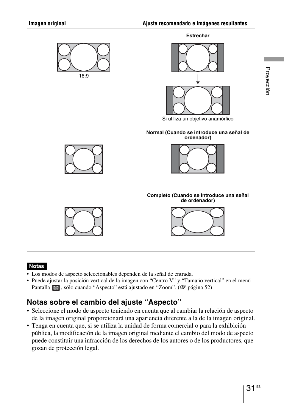 Notas sobre el cambio del ajuste “aspecto | Sony VPL-HW55ES User Manual | Page 213 / 459