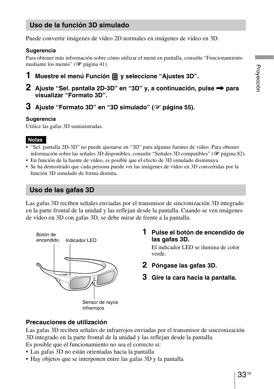Uso de la función 3d simulado, Uso de las gafas 3d, Lte “uso de las gafas 3d | Sony VPL-HW55ES User Manual | Page 215 / 459