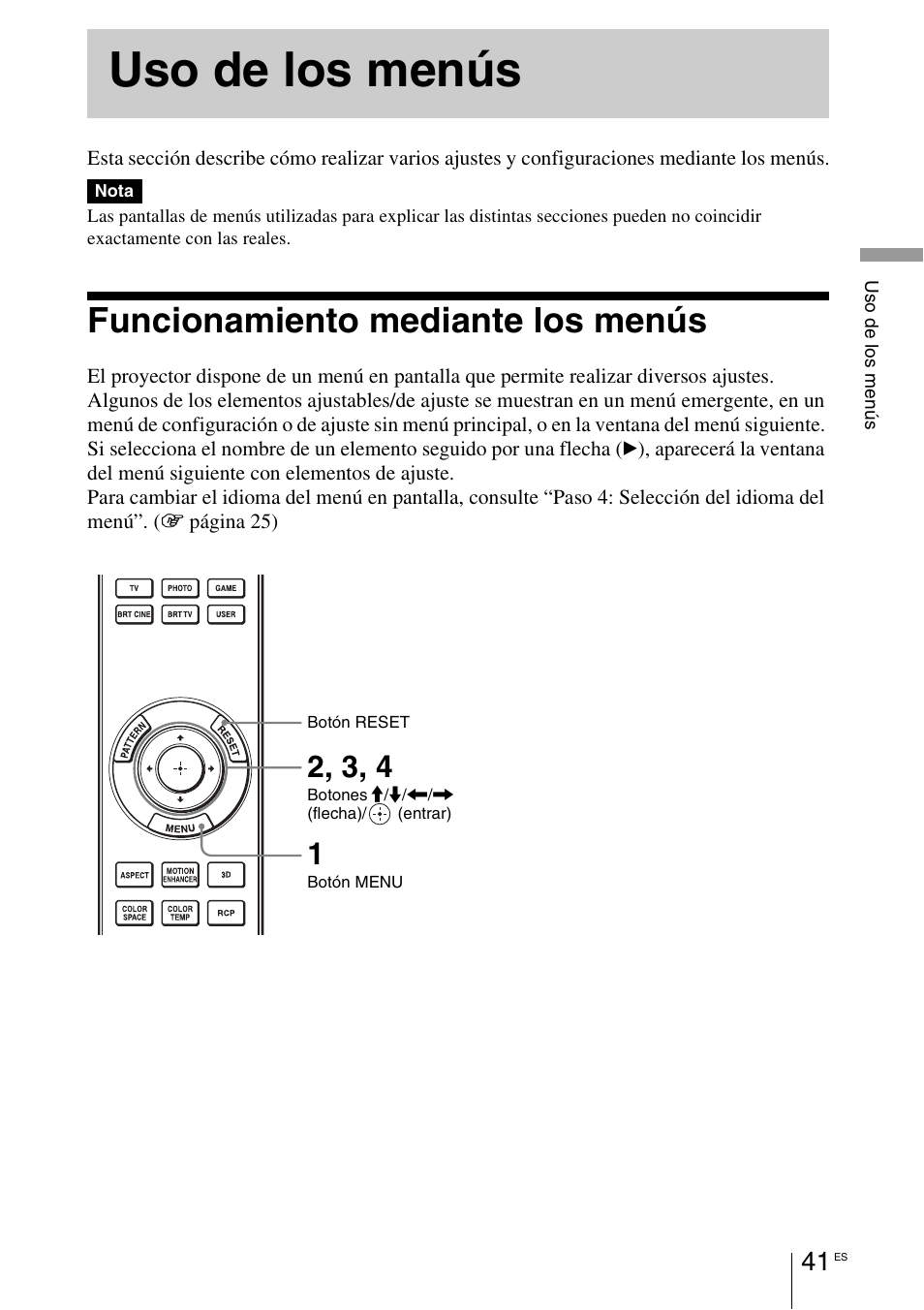Uso de los menús, Funcionamiento mediante los menús, Ón menu | Sony VPL-HW55ES User Manual | Page 223 / 459