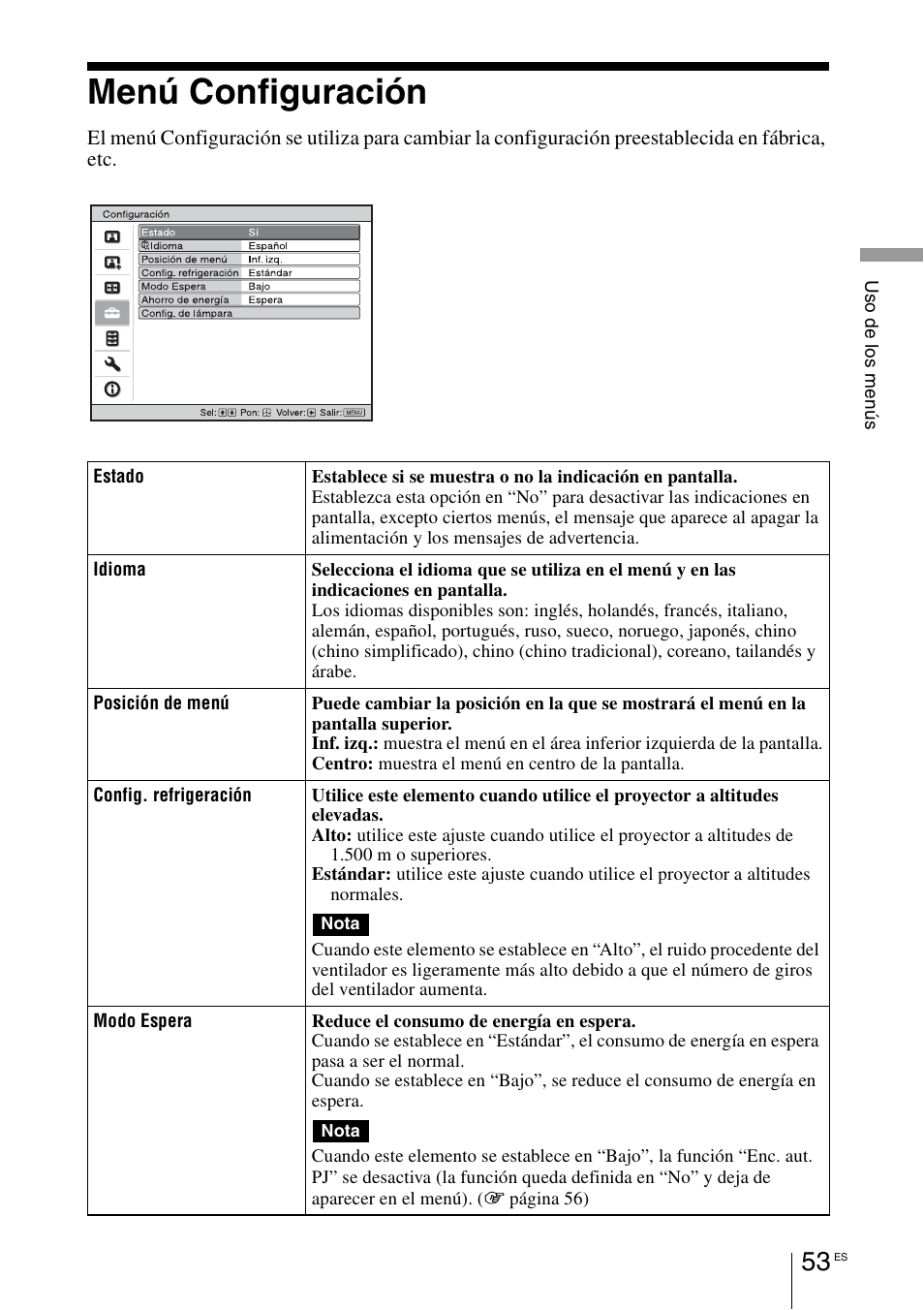 Menú configuración | Sony VPL-HW55ES User Manual | Page 235 / 459