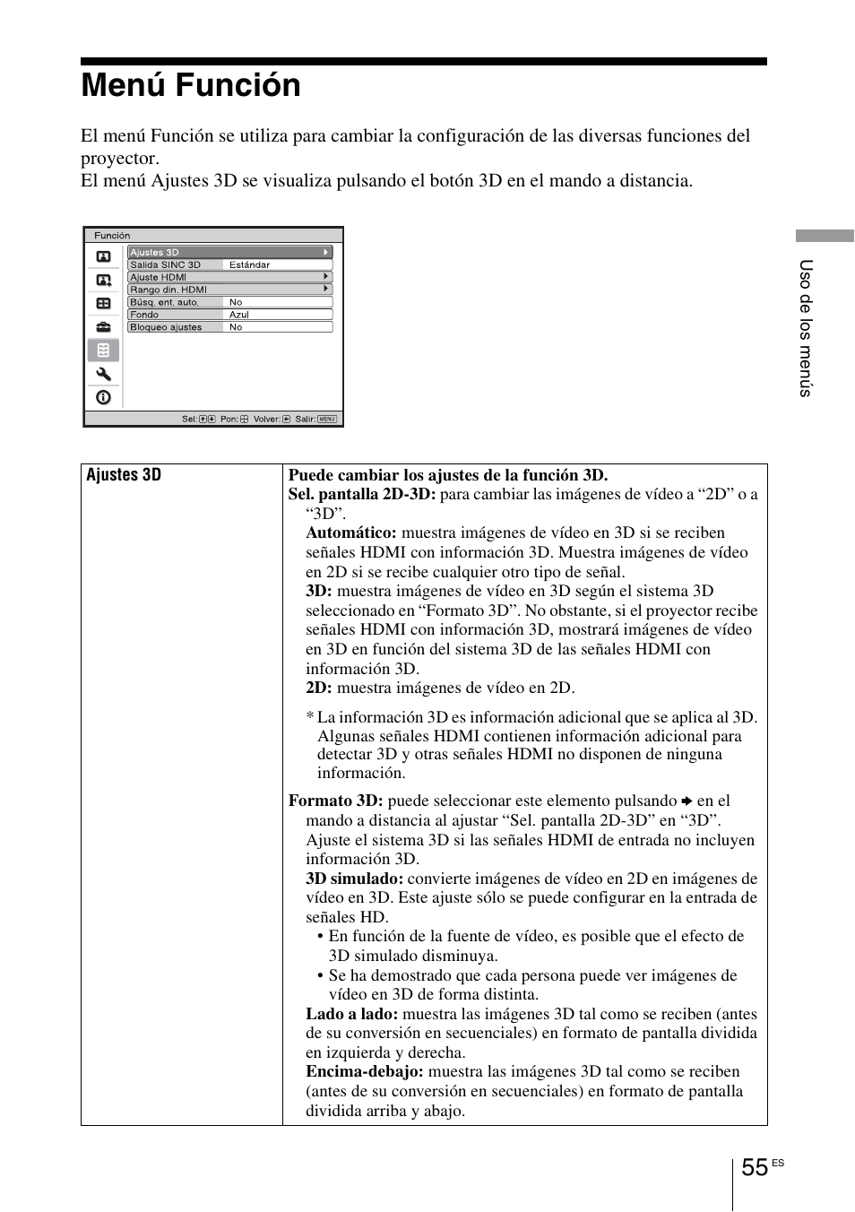 Menú función, Lte “ajustes 3d | Sony VPL-HW55ES User Manual | Page 237 / 459