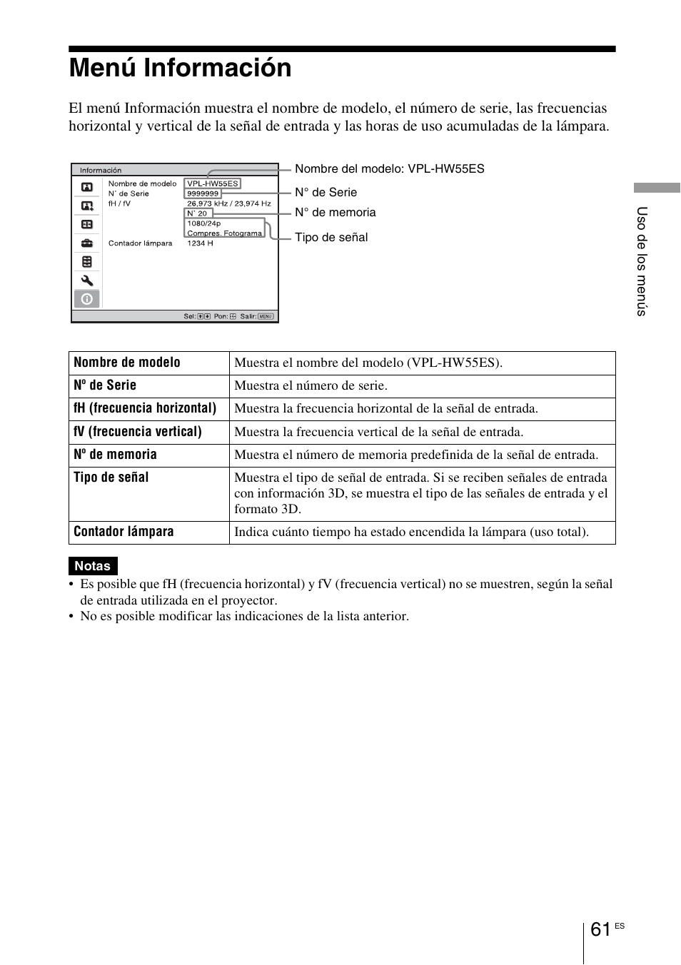 Menú información | Sony VPL-HW55ES User Manual | Page 243 / 459