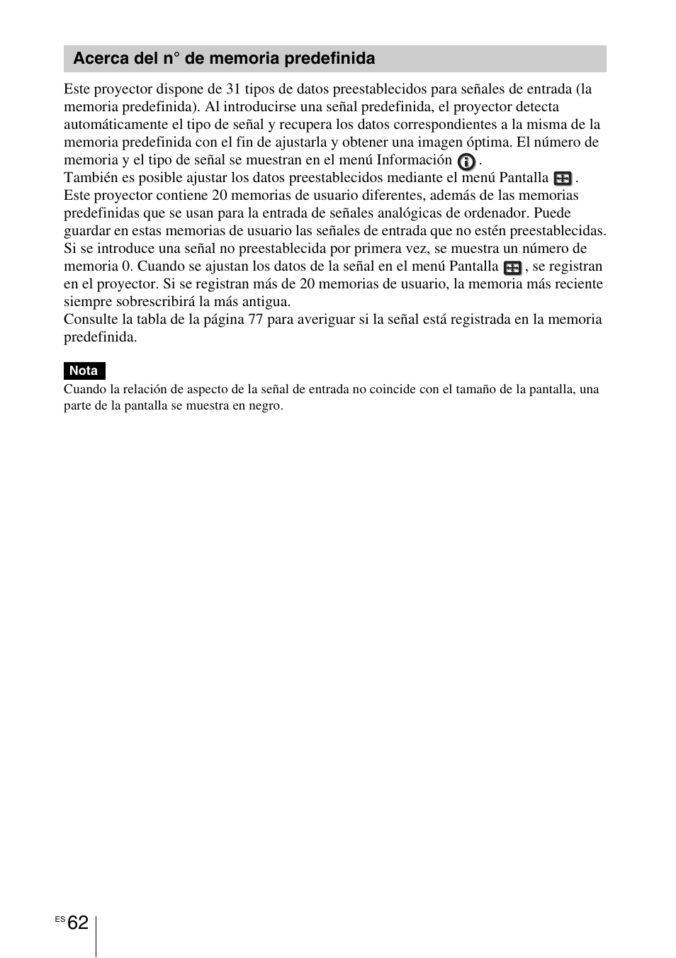Acerca del n˚ de memoria predefinida, Acerca del n° de memoria predefinida | Sony VPL-HW55ES User Manual | Page 244 / 459