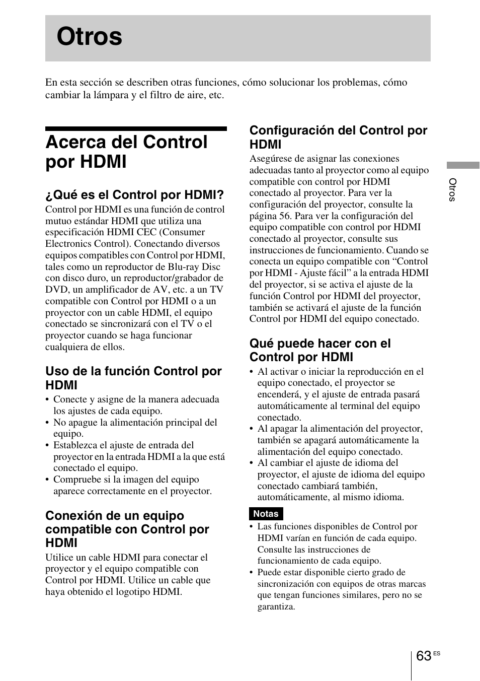 Otros, Acerca del control por hdmi, Acerca del control por | Hdmi | Sony VPL-HW55ES User Manual | Page 245 / 459