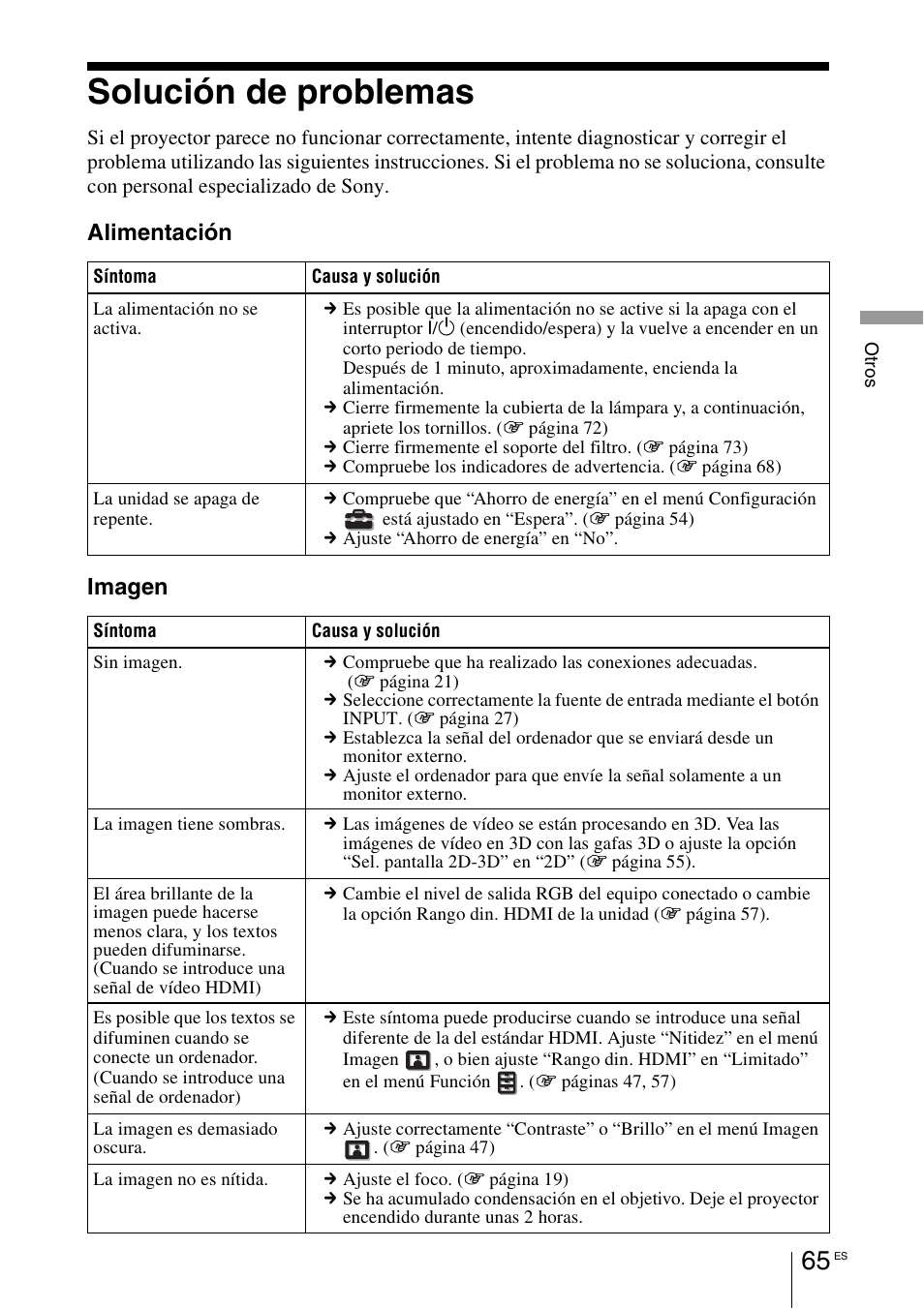 Solución de problemas, Alimentación imagen | Sony VPL-HW55ES User Manual | Page 247 / 459