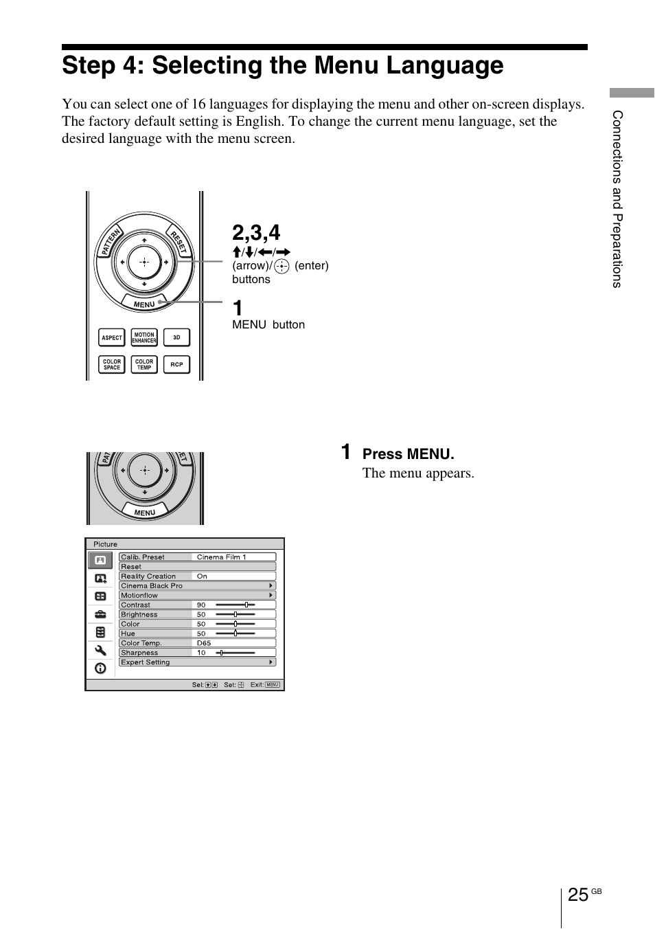 Step 4: selecting the menu language | Sony VPL-HW55ES User Manual | Page 25 / 459