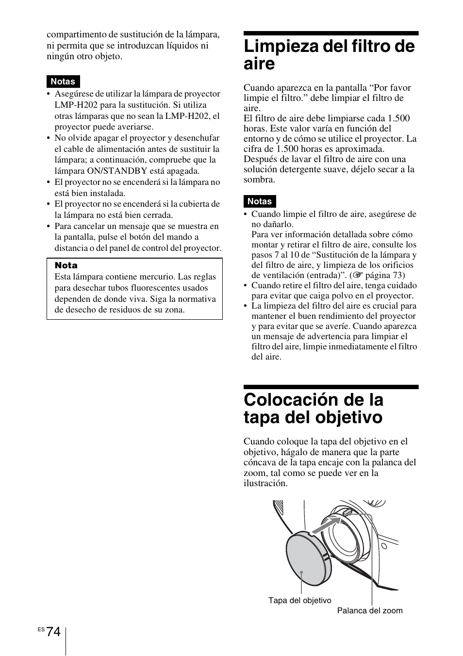Limpieza del filtro de aire, Colocación de la tapa del objetivo | Sony VPL-HW55ES User Manual | Page 256 / 459
