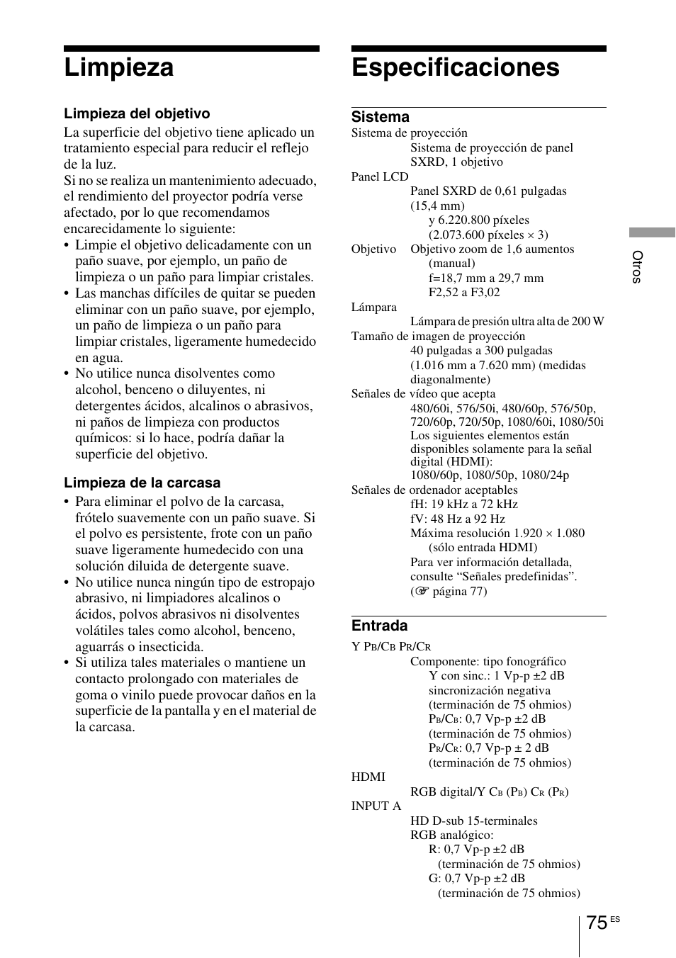 Limpieza, Especificaciones, Sistema | Entrada | Sony VPL-HW55ES User Manual | Page 257 / 459