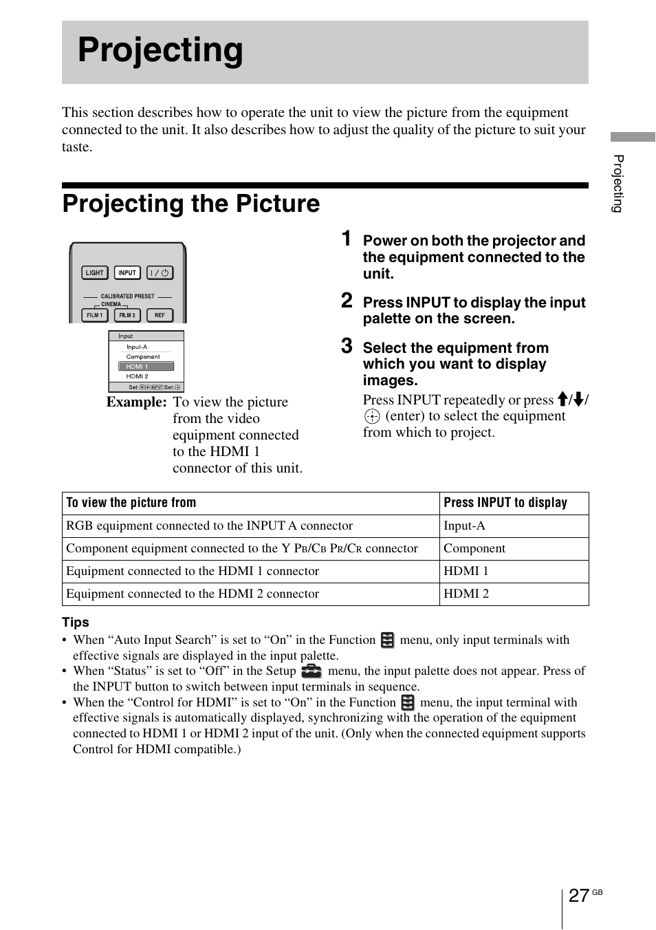 Projecting, Projecting the picture | Sony VPL-HW55ES User Manual | Page 27 / 459