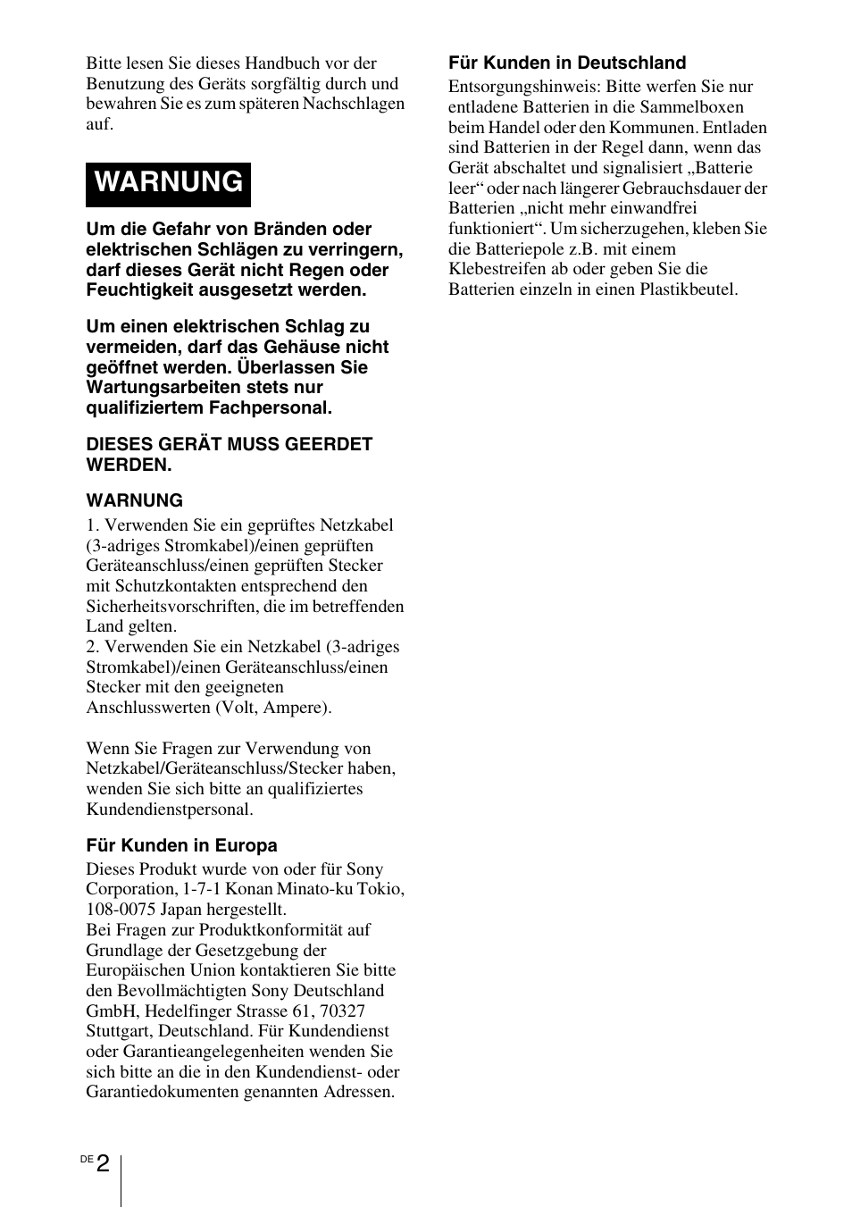 Warnung | Sony VPL-HW55ES User Manual | Page 276 / 459