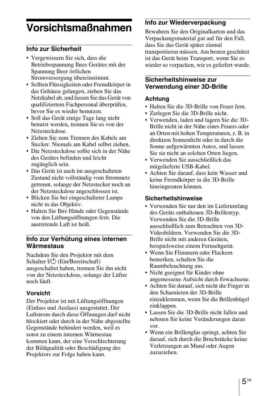 Vorsichtsmaßnahmen | Sony VPL-HW55ES User Manual | Page 279 / 459