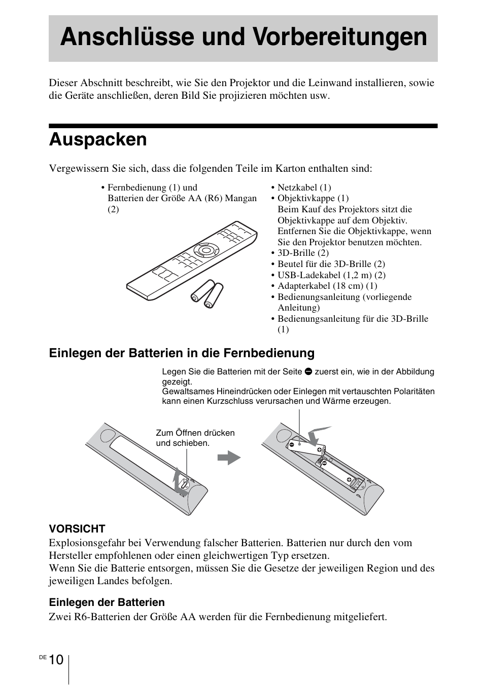 Anschlüsse und vorbereitungen, Auspacken | Sony VPL-HW55ES User Manual | Page 284 / 459
