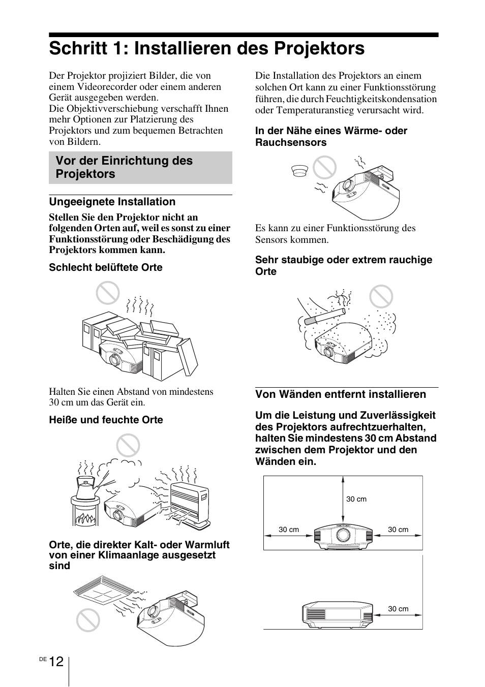 Schritt 1: installieren des projektors, Vor der einrichtung des projektors | Sony VPL-HW55ES User Manual | Page 286 / 459