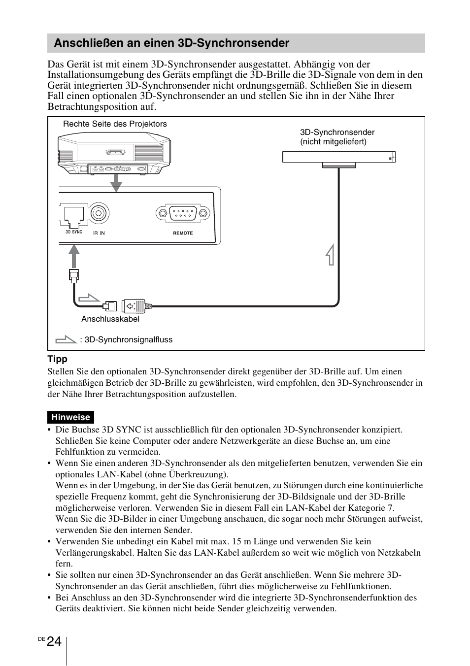 Anschließen an einen 3d-synchronsender, Anschließen an einen 3d- synchronsender, 1 seite 24) | Sony VPL-HW55ES User Manual | Page 298 / 459