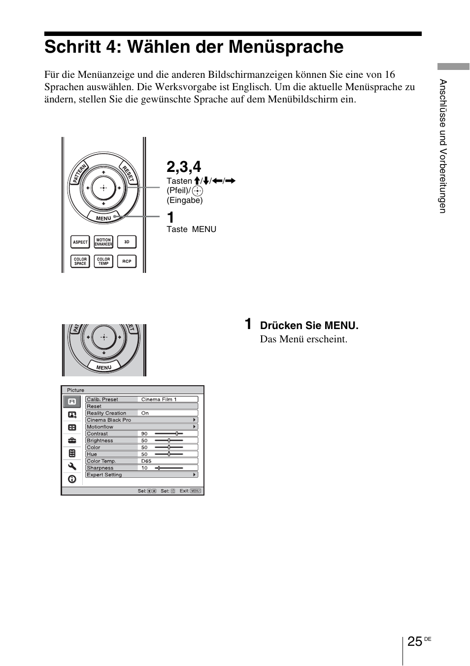 Schritt 4: wählen der menüsprache | Sony VPL-HW55ES User Manual | Page 299 / 459