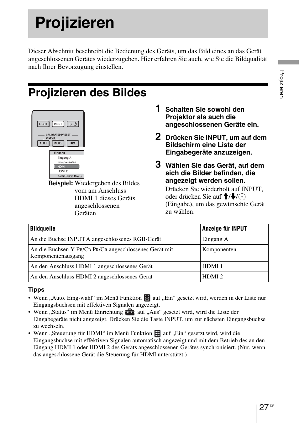 Projizieren, Projizieren des bildes, 1 seite 27) | Sony VPL-HW55ES User Manual | Page 301 / 459