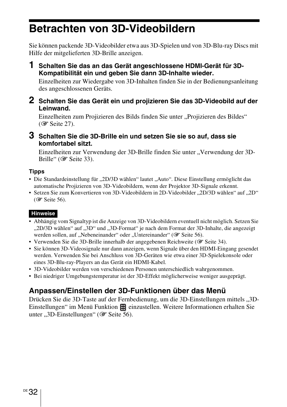 Betrachten von 3d-videobildern | Sony VPL-HW55ES User Manual | Page 306 / 459