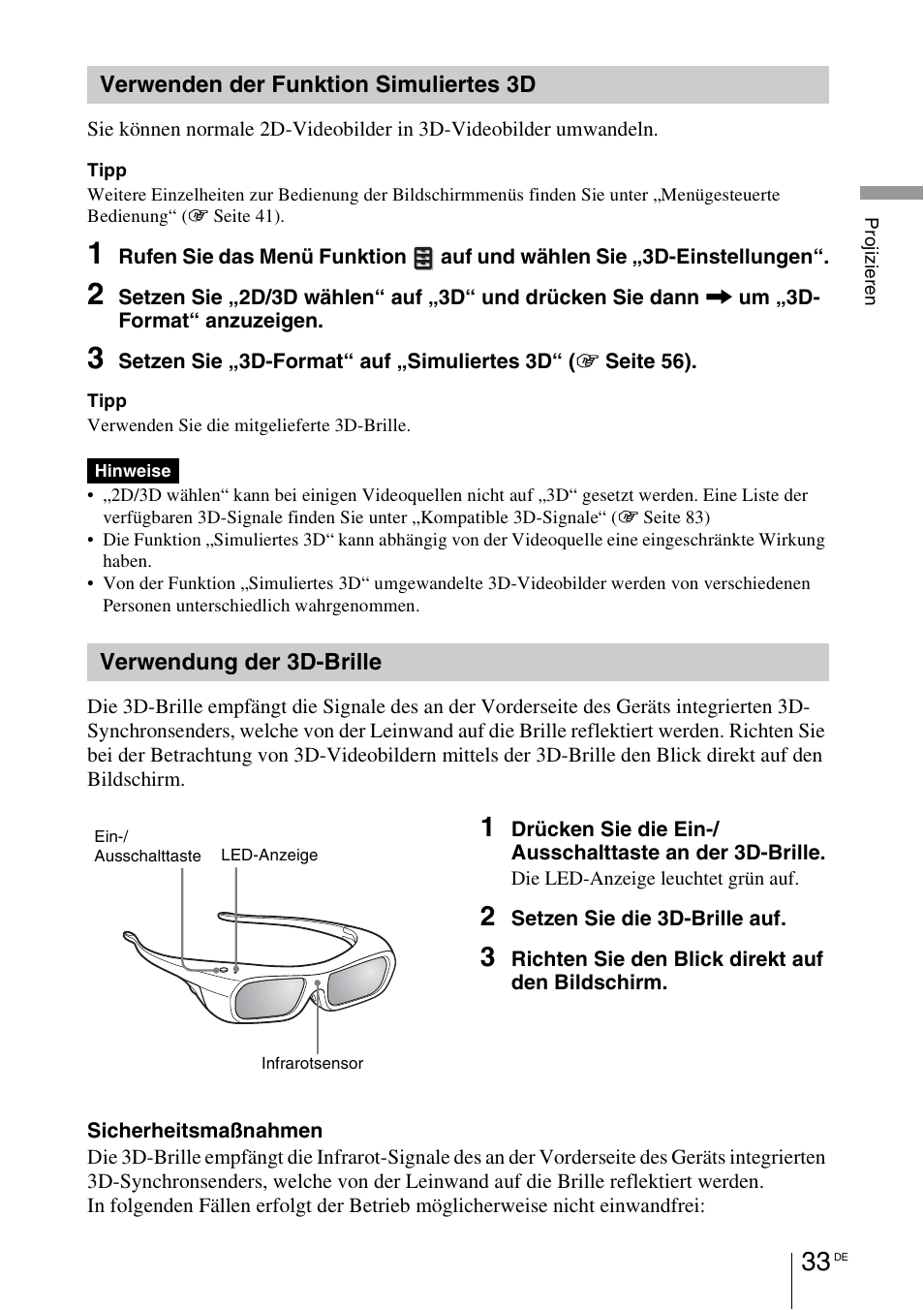 Verwenden der funktion simuliertes 3d, Verwendung der 3d-brille, Ter „verwendung der 3d- brille | 1 seite 33) | Sony VPL-HW55ES User Manual | Page 307 / 459