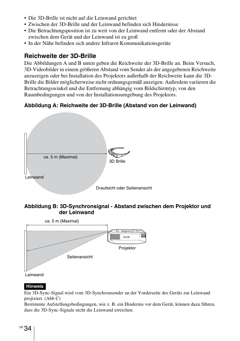 1 seite 34), Reichweite der 3d-brille | Sony VPL-HW55ES User Manual | Page 308 / 459