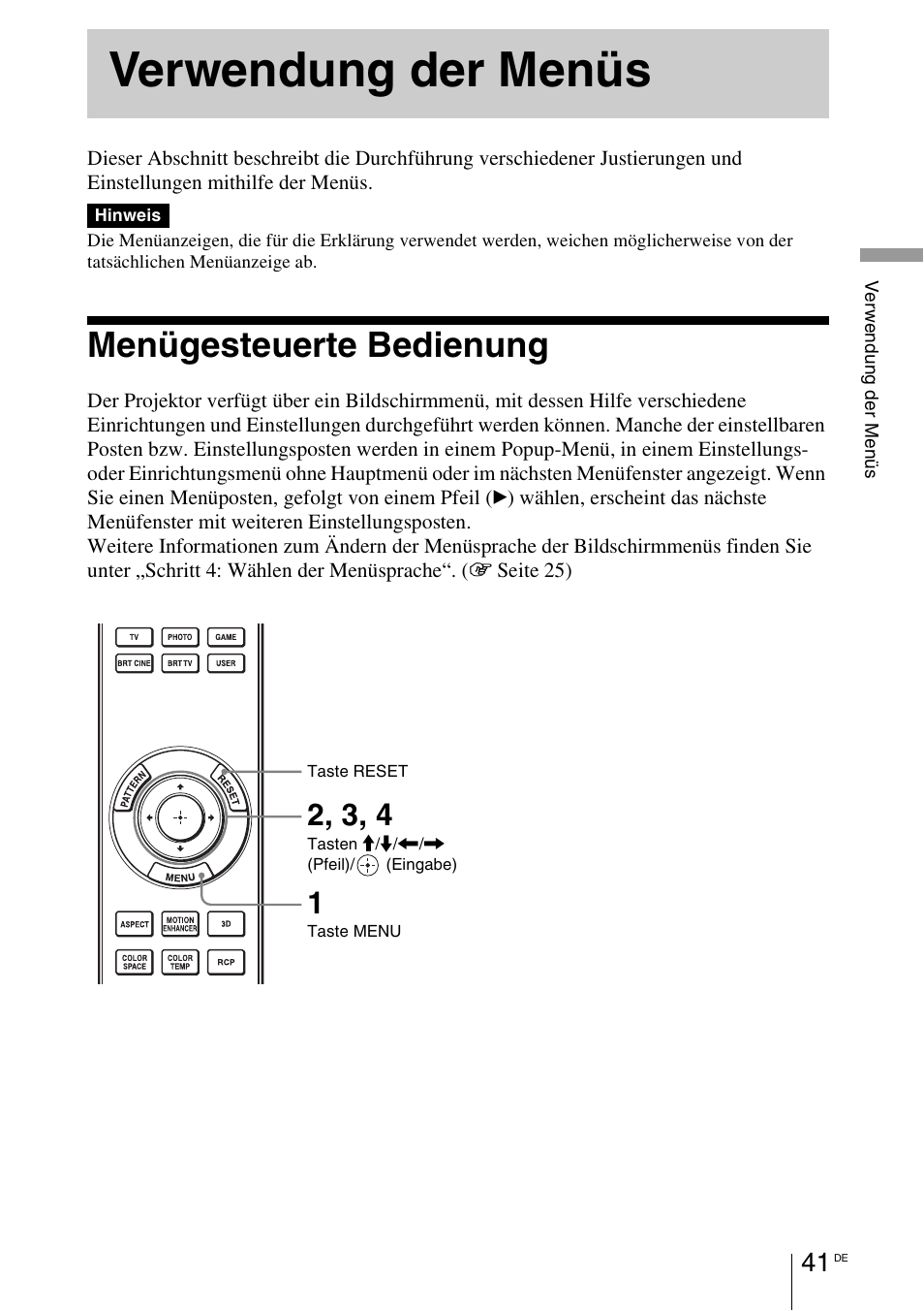 Verwendung der menüs, Menügesteuerte bedienung, 1 seite 41) | Sony VPL-HW55ES User Manual | Page 315 / 459