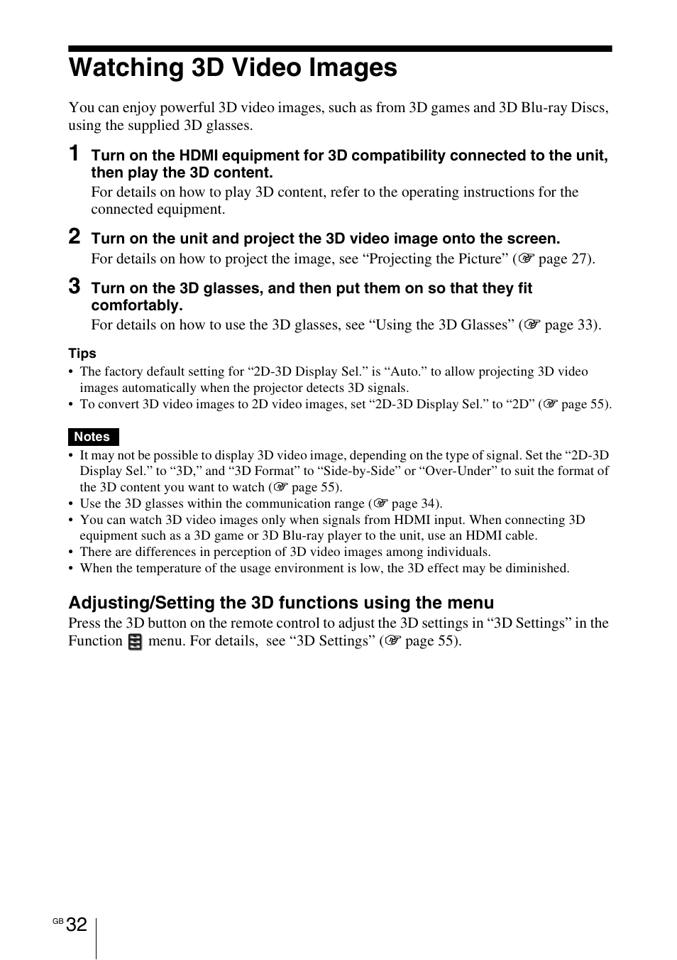Watching 3d video images | Sony VPL-HW55ES User Manual | Page 32 / 459