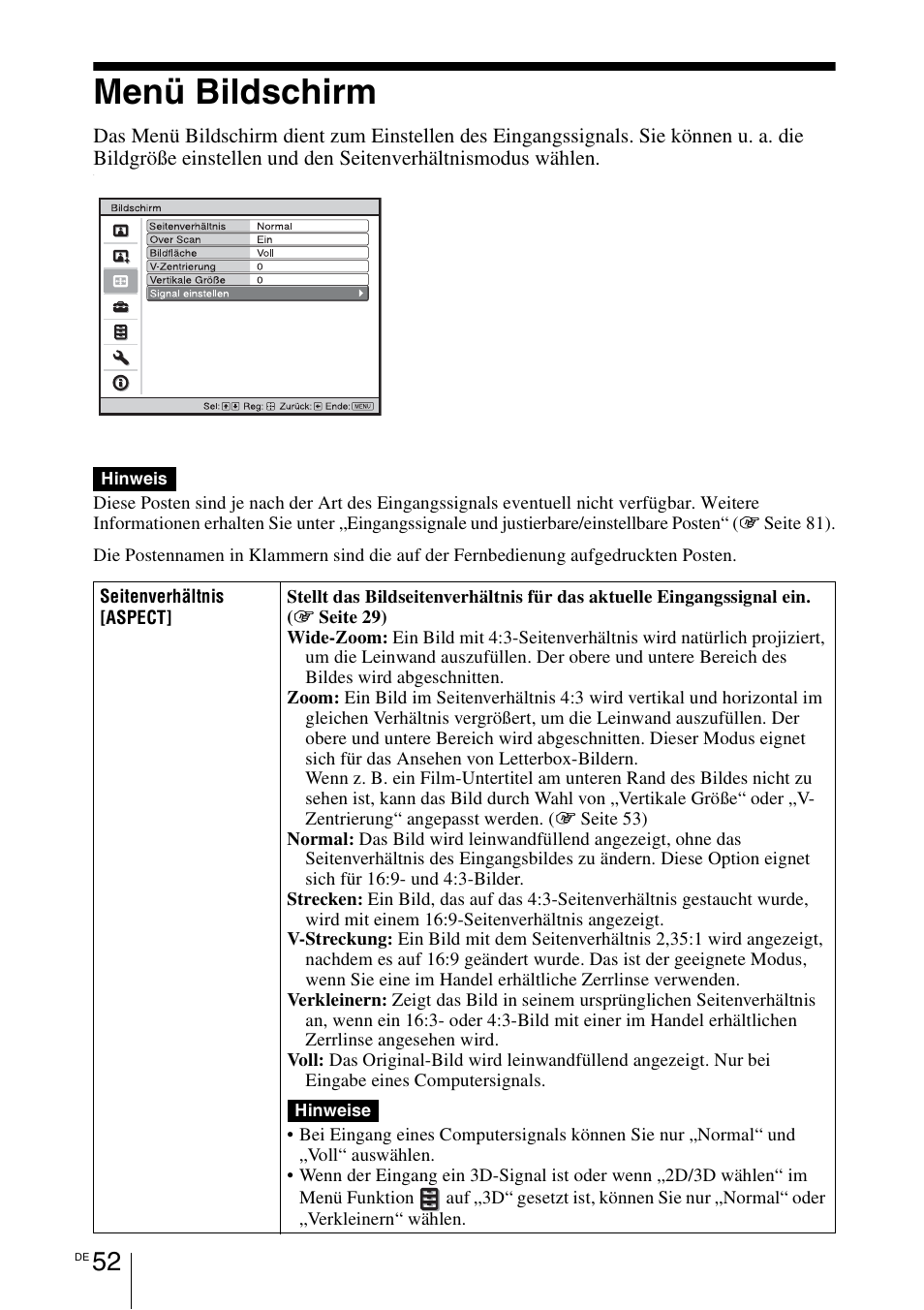 Menü bildschirm | Sony VPL-HW55ES User Manual | Page 326 / 459