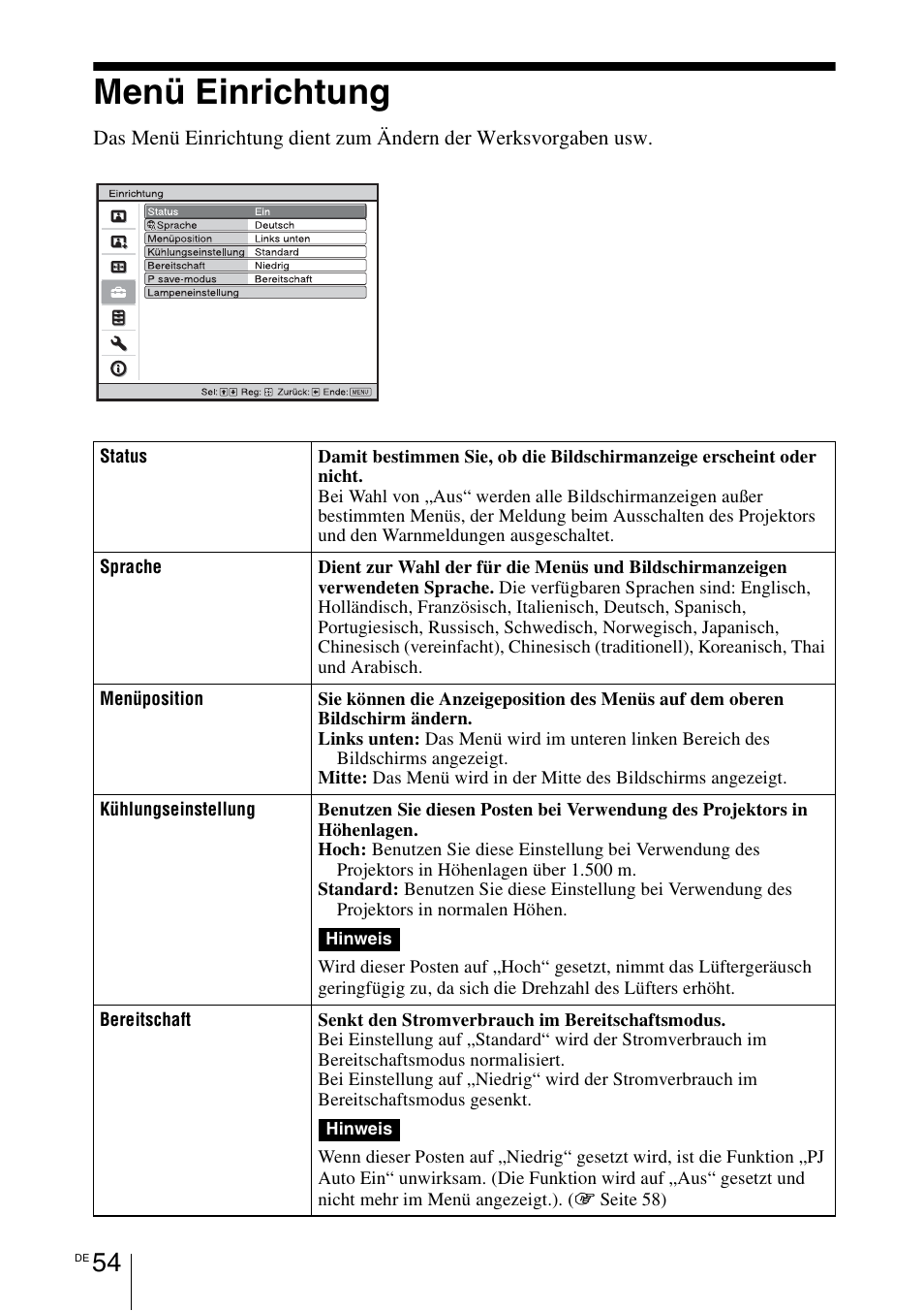 Menü einrichtung, 1 seite 54) | Sony VPL-HW55ES User Manual | Page 328 / 459