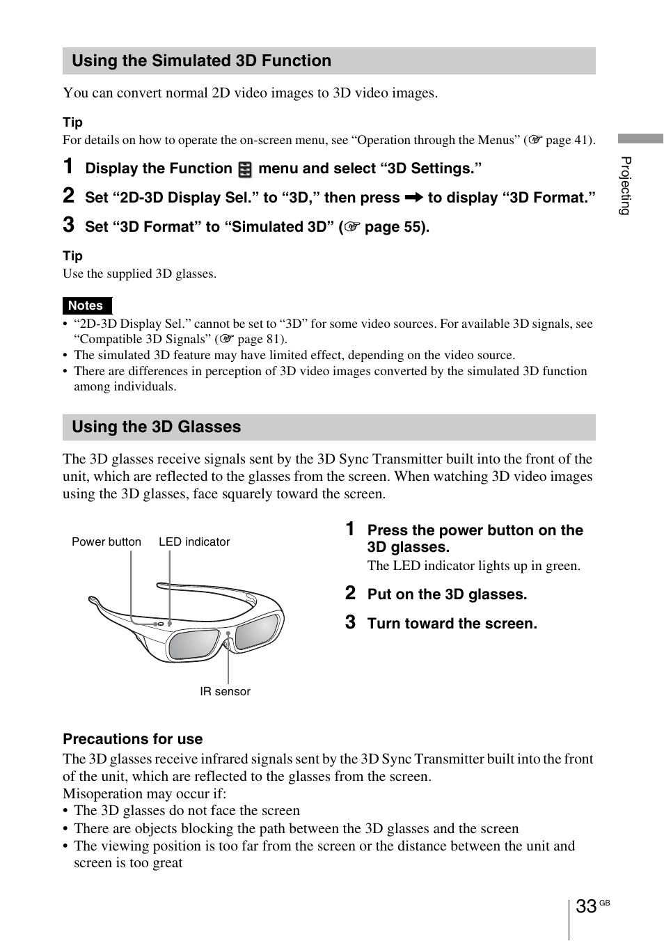 Using the simulated 3d function, Using the 3d glasses, Using the simulated 3d | Function, See “using the 3d glasses | Sony VPL-HW55ES User Manual | Page 33 / 459
