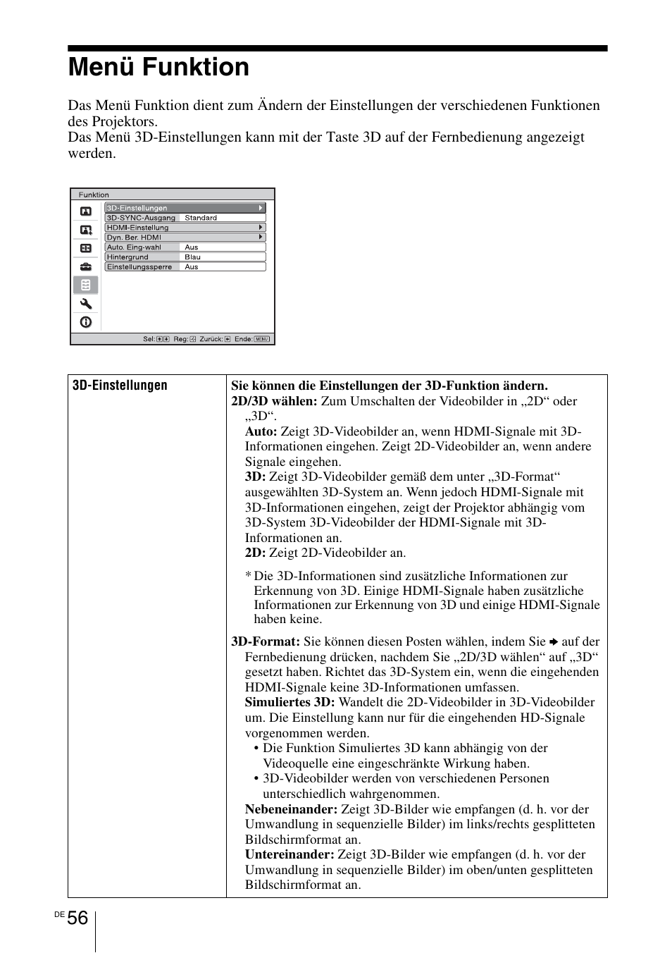 Menü funktion, 1 seite 56), 1 seite 56) un | 3d-einstellungen | Sony VPL-HW55ES User Manual | Page 330 / 459