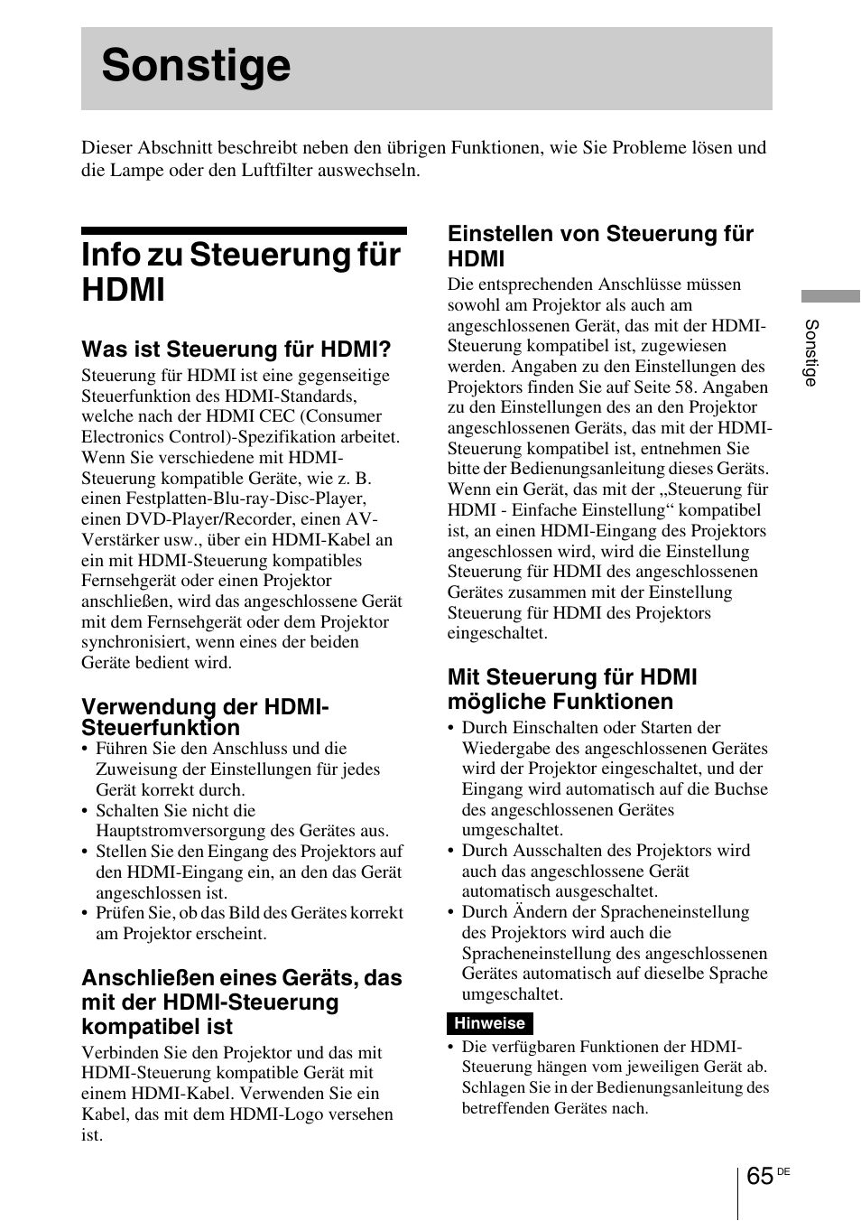 Sonstige, Info zu steuerung für hdmi, Info zu steuerung für hdmi“ (1 seite 65) | R „info zu steuerung für hdmi, 1 seite 65) | Sony VPL-HW55ES User Manual | Page 339 / 459