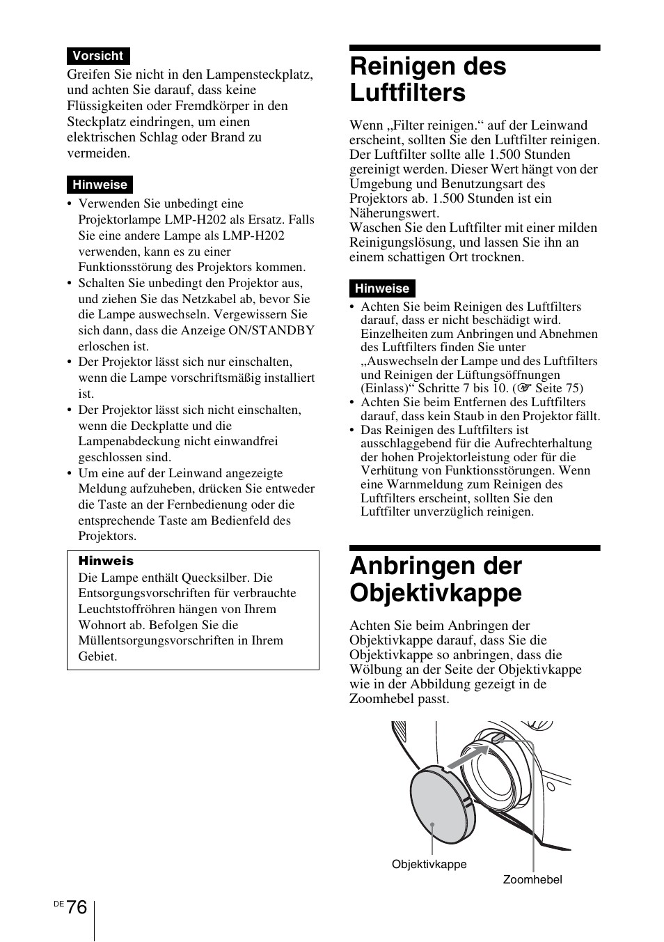 Reinigen des luftfilters, Anbringen der objektivkappe, 1 seite 76) | Sony VPL-HW55ES User Manual | Page 350 / 459