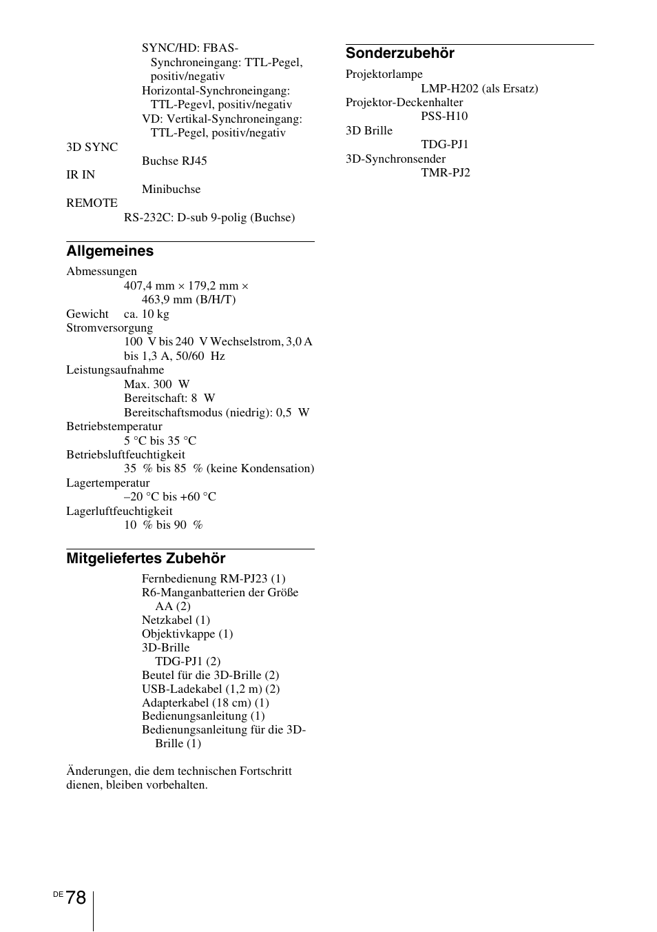 Allgemeines, Mitgeliefertes zubehör, Sonderzubehör | Sony VPL-HW55ES User Manual | Page 352 / 459