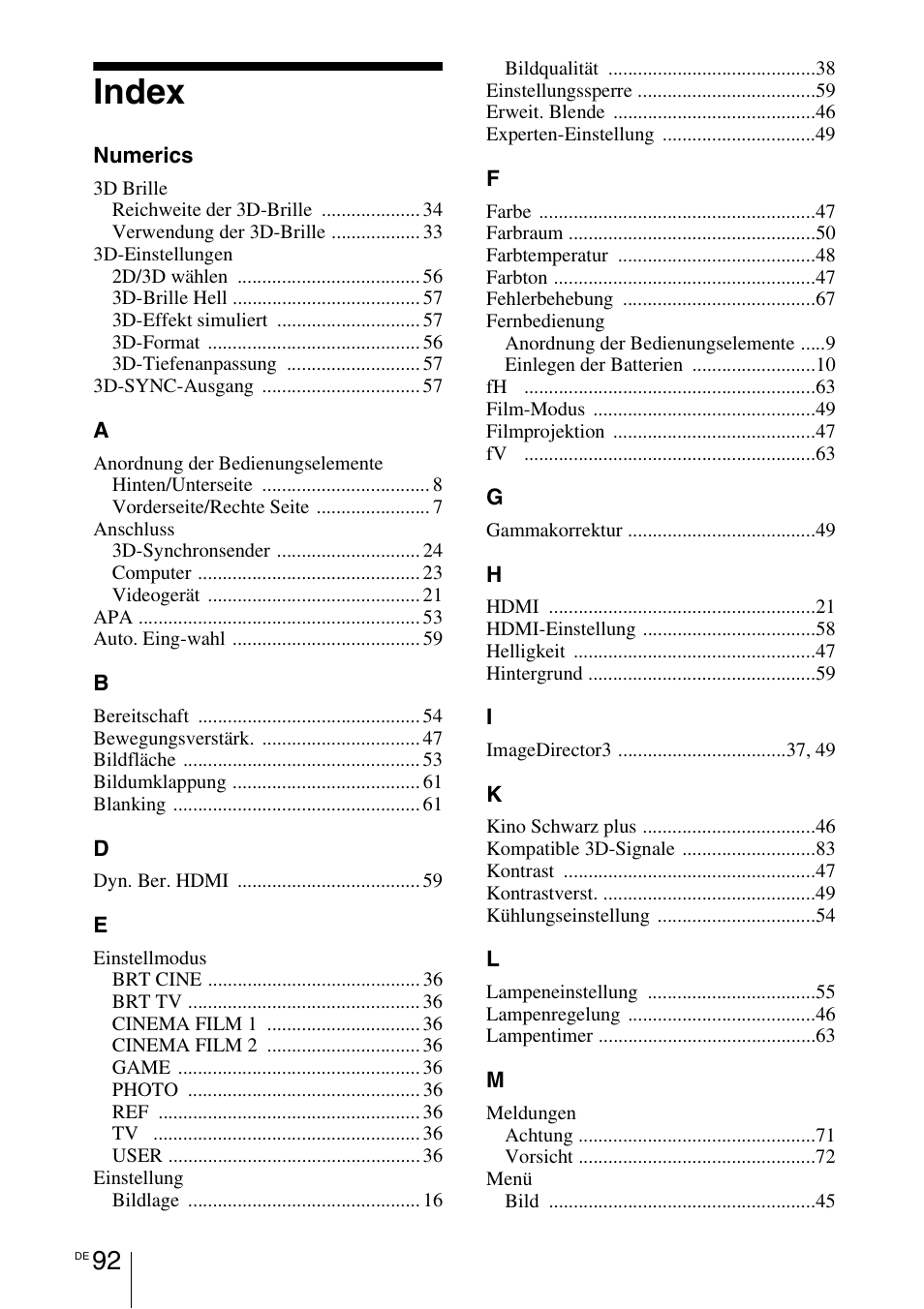 Index | Sony VPL-HW55ES User Manual | Page 366 / 459