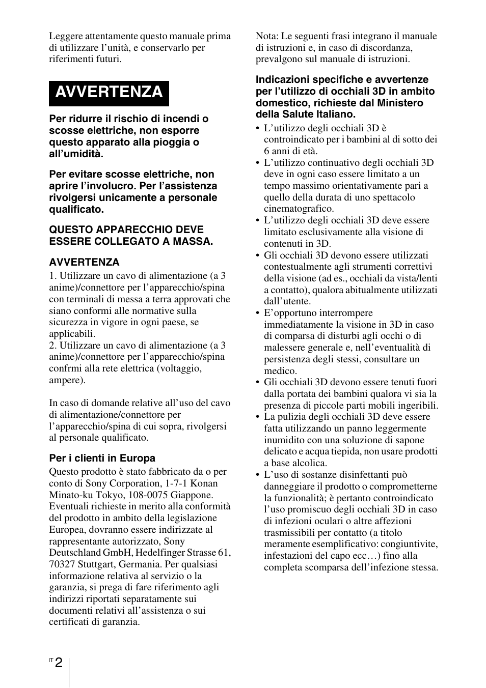 Avvertenza | Sony VPL-HW55ES User Manual | Page 368 / 459