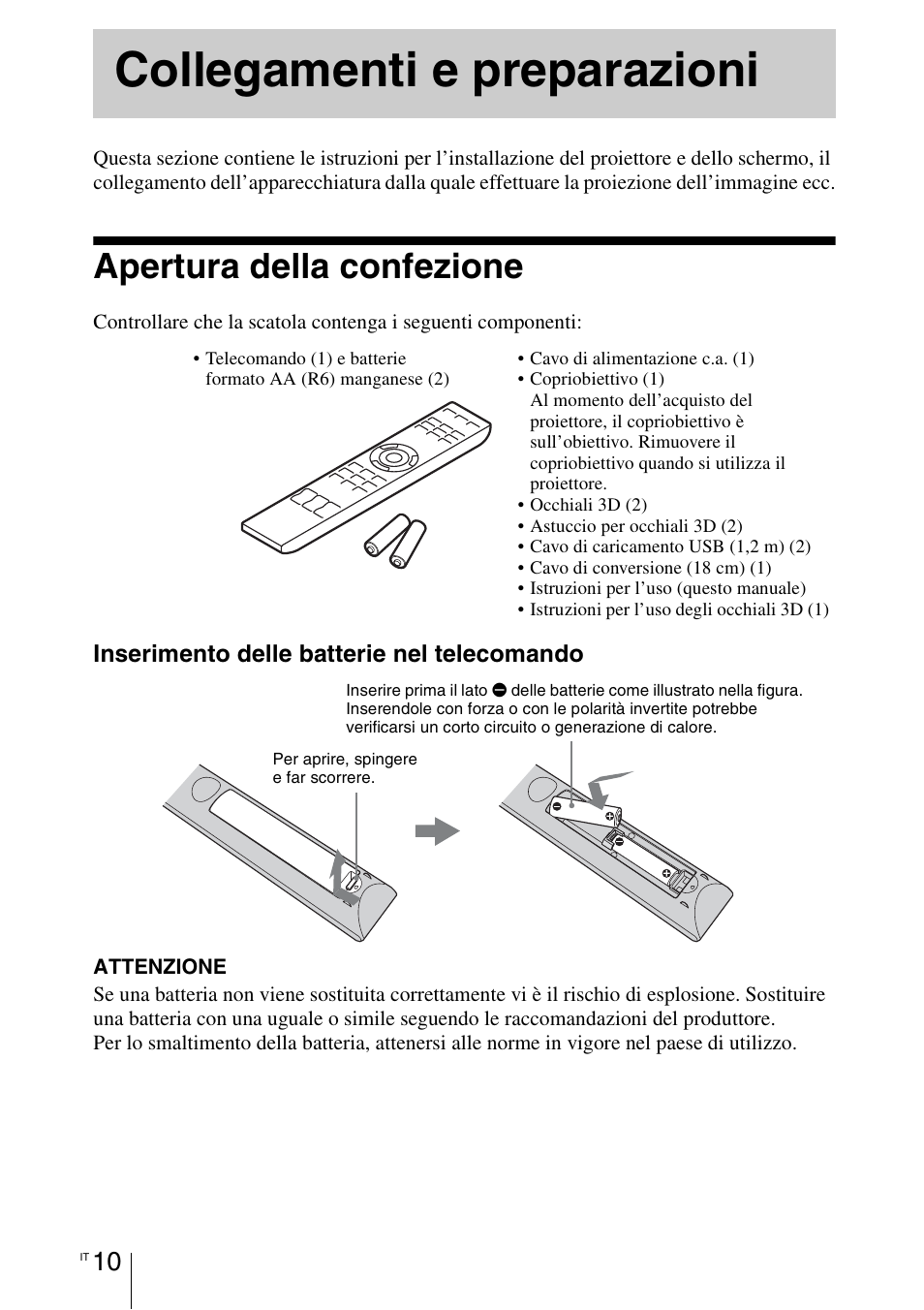 Collegamenti e preparazioni, Apertura della confezione | Sony VPL-HW55ES User Manual | Page 376 / 459