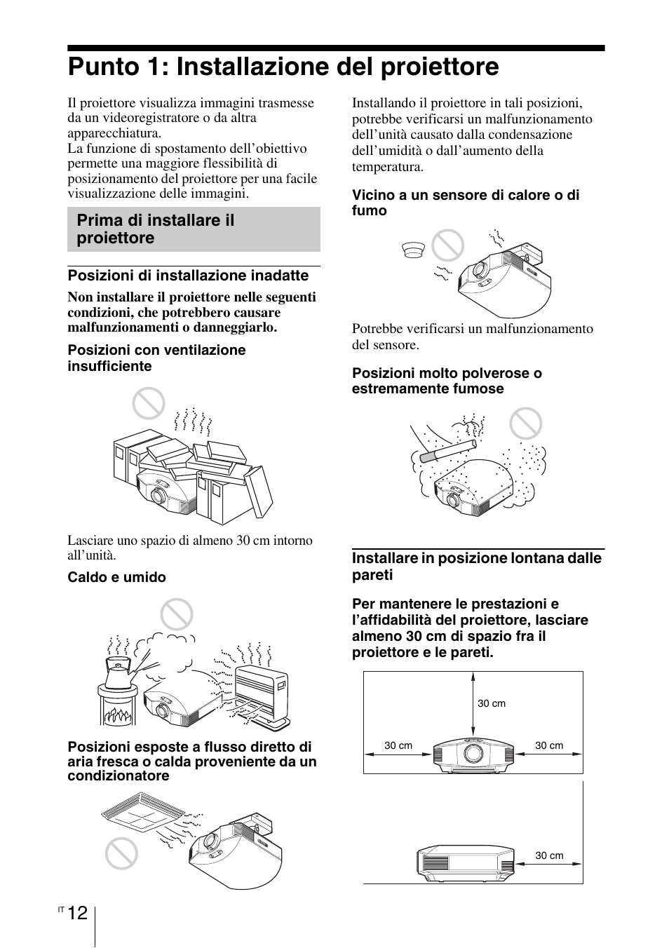 Punto 1: installazione del proiettore, Prima di installare il proiettore | Sony VPL-HW55ES User Manual | Page 378 / 459