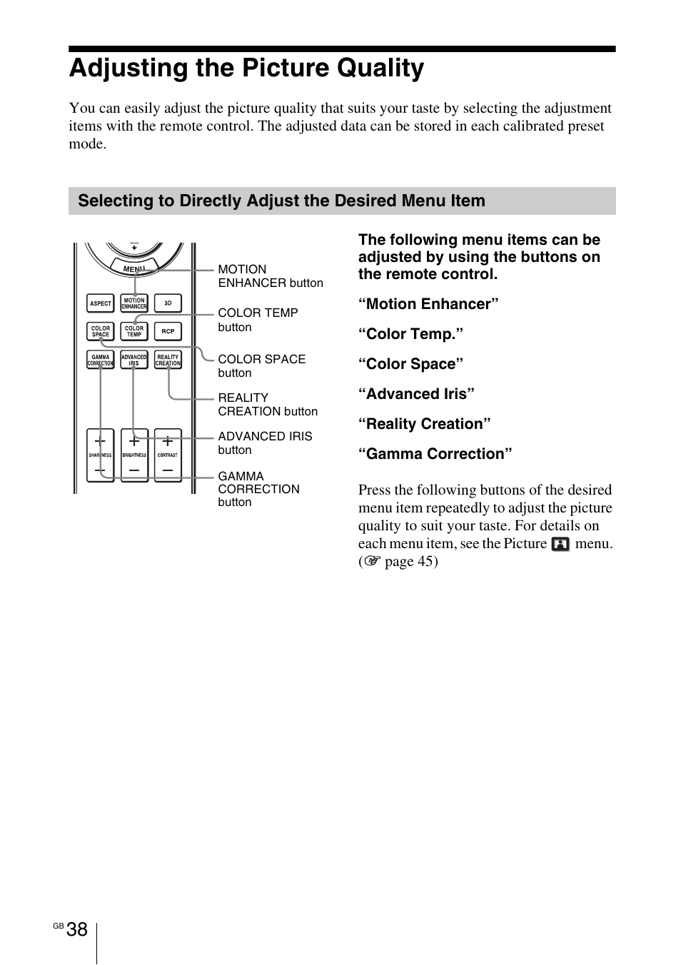 Adjusting the picture quality, Selecting to directly adjust the desired menu item | Sony VPL-HW55ES User Manual | Page 38 / 459